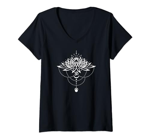 Damen Lotusblume Lotus mit Om Symbol und Mond für Yoga Meditation T-Shirt mit V-Ausschnitt Damen Lotusblume Lotus mit Om Symbol und Mond für Yoga Meditation T-Shirt mit V-Ausschnitt von Yoga Harmony by Christine Krahl
