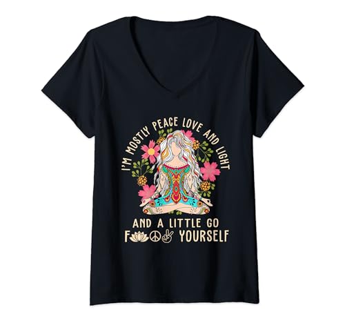 Damen I'm Mostly Peace Love And Light & Little Go F Yourself Yoga T-Shirt mit V-Ausschnitt Damen I'm Mostly Peace Love And Light & Little Go F Yourself Yoga T-Shirt mit V-Ausschnitt von Yoga I'm Mostly Peace Love And Light&Little Go