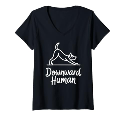 Damen Downward Human Yogalehrer T-Shirt mit V-Ausschnitt von Yoga Instructor Meditation Yoga Lover
