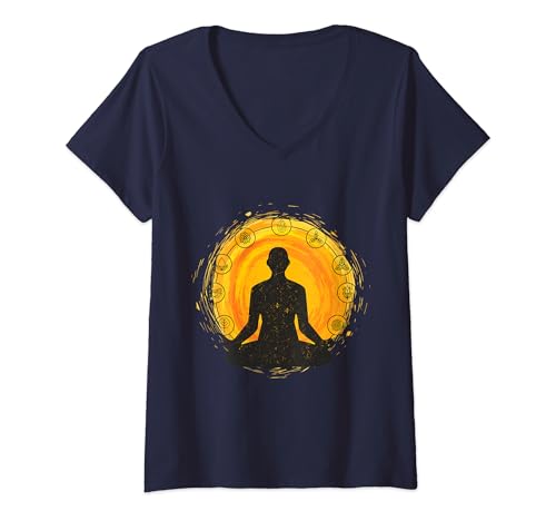 Damen Yoga Kleidung/ Meditation/ Lotus Sitz/ Namaste/ OM/ T-Shirt mit V-Ausschnitt von Yoga Kleidung/ Meditation/ Lotus Sitz/ Namaste/ OM