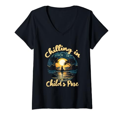 Damen Chilling in Child's Pose T-Shirt mit V-Ausschnitt von Yoga Meditation Yogalehrer Illustration Pose