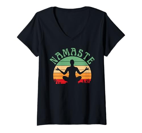 Damen Namaste Yoga Pose Peace Meditate Zen Retro Sonnenuntergang T-Shirt mit V-Ausschnitt Damen Namaste Yoga Pose Peace Meditate Zen Retro Sonnenuntergang T-Shirt mit V-Ausschnitt von Yoga Style