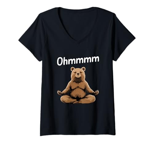 Damen Yoga Bär Ohmmmm Spaß Mit Entspannung Und Meditation T-Shirt mit V-Ausschnitt von Yoga Tiere Ohmmmm Entspannung Meditation Spaß