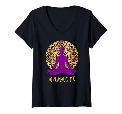 Damen Lotusblume Yoga Pose Yin Yang Meditation Mandala Namaste T-Shirt mit V-Ausschnitt von Yoga Top Kleidung Geschenkidee Yoga Liebhaber