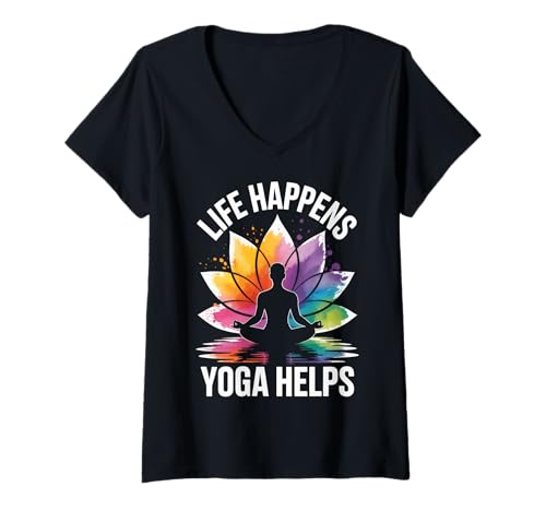 Damen Life Happens Yoga Helps T-Shirt mit V-Ausschnitt von Yoga Wellness Fitness Meditation