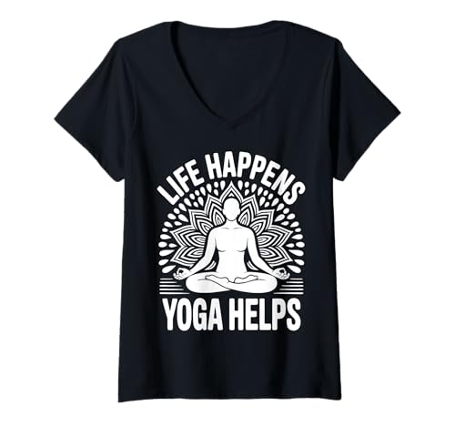 Damen Life Happens Yoga Helps T-Shirt mit V-Ausschnitt Damen Life Happens Yoga Helps T-Shirt mit V-Ausschnitt von Yoga Wellness Fitness Meditation