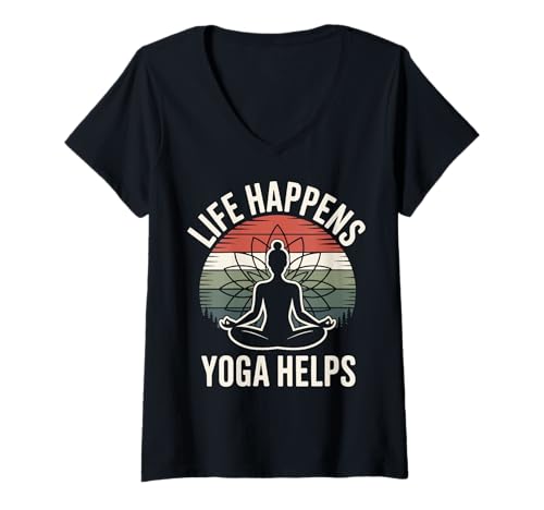 Damen Life Happens Yoga Helps T-Shirt mit V-Ausschnitt Damen Life Happens Yoga Helps T-Shirt mit V-Ausschnitt von Yoga Wellness Fitness Meditation