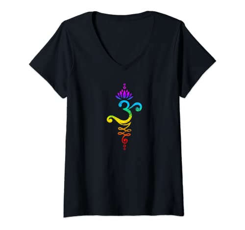 Damen Om Mantra Symbol Lotusblüte Unalome Chakra Bunt Regenbogen T-Shirt mit V-Ausschnitt Damen Om Mantra Symbol Lotusblüte Unalome Chakra Bunt Regenbogen T-Shirt mit V-Ausschnitt von Yoga & Buddhismus by Anne Mathiasz