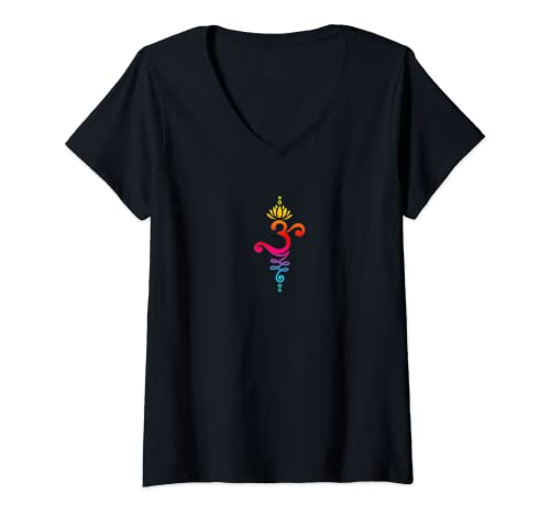 Damen Om Mantra Symbol Lotusblüte Unalome Chakra Bunt Regenbogen T-Shirt mit V-Ausschnitt Damen Om Mantra Symbol Lotusblüte Unalome Chakra Bunt Regenbogen T-Shirt mit V-Ausschnitt von Yoga & Buddhismus by Anne Mathiasz