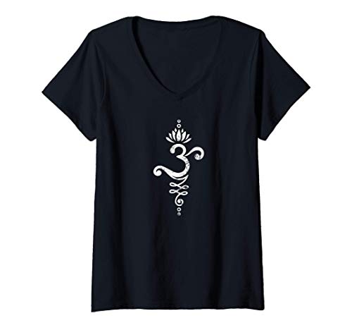 Damen Om Mantra Yoga Symbol mit Lotus Blüte und Unalome Ornament T-Shirt mit V-Ausschnitt Damen Om Mantra Yoga Symbol mit Lotus Blüte und Unalome Ornament T-Shirt mit V-Ausschnitt von Yoga & Buddhismus by Anne Mathiasz
