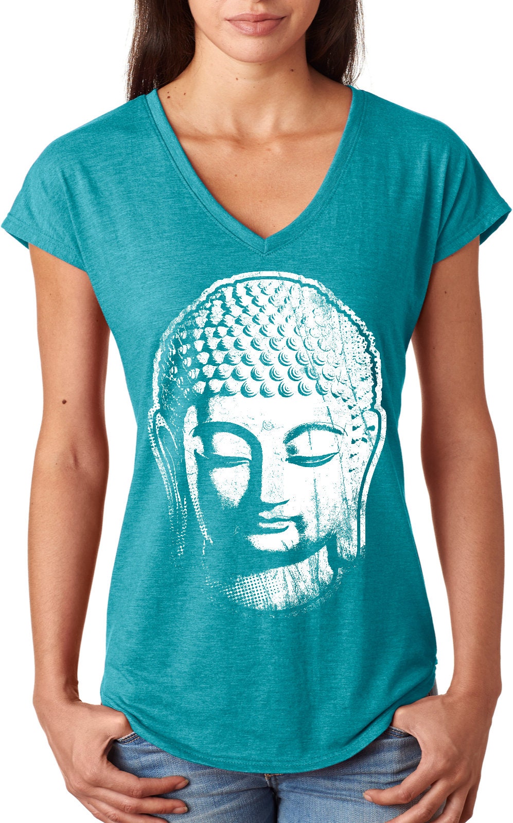 Big Buddha Kopf Damen Yoga Tri Blend V-Ausschnitt T-Shirt = Bigbuddha-6750Vl von YogaClothingForYou