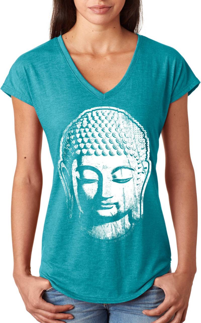 Big Buddha Kopf Damen Yoga Tri Blend V-Ausschnitt T-Shirt = Bigbuddha-6750Vl von YogaClothingForYou