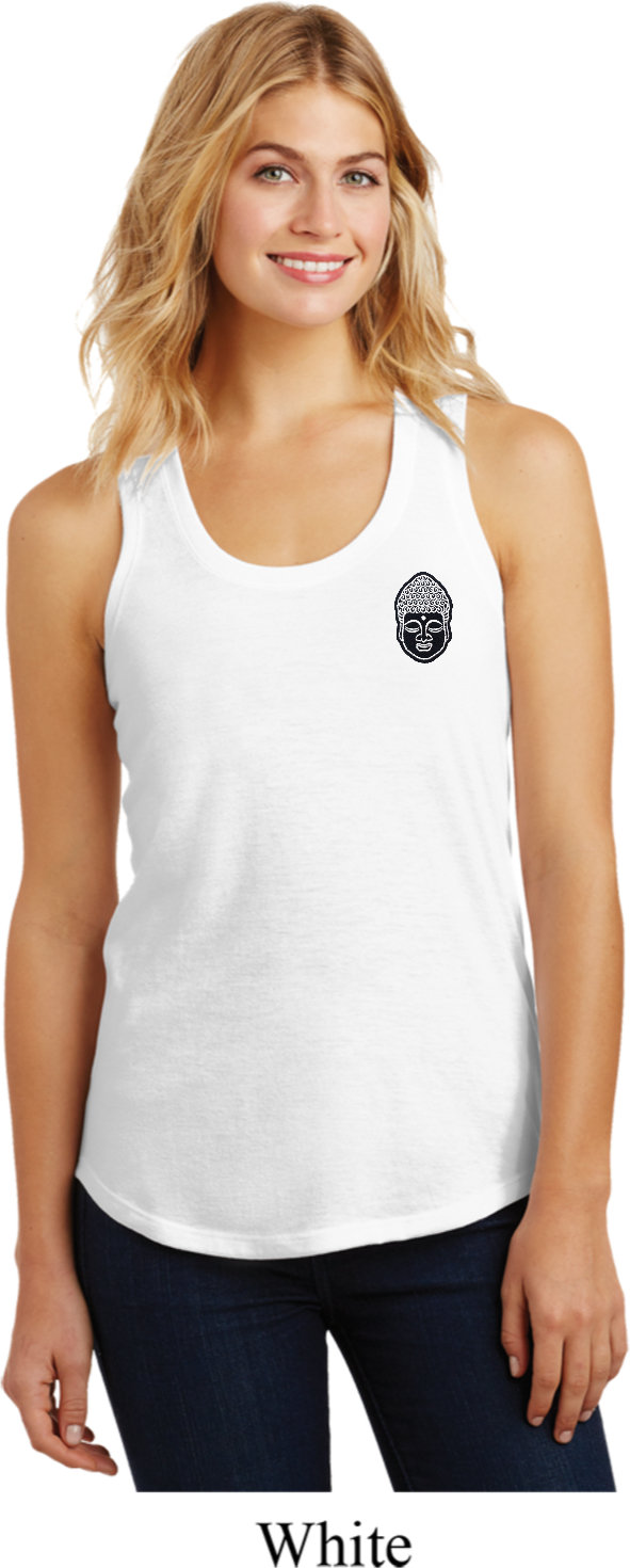 Buddha Kopf Aufgesetzte Tasche Drucken Damen Yoga Racerback Tanktop = Buddhapatch-Pp-Dm138L von YogaClothingForYou