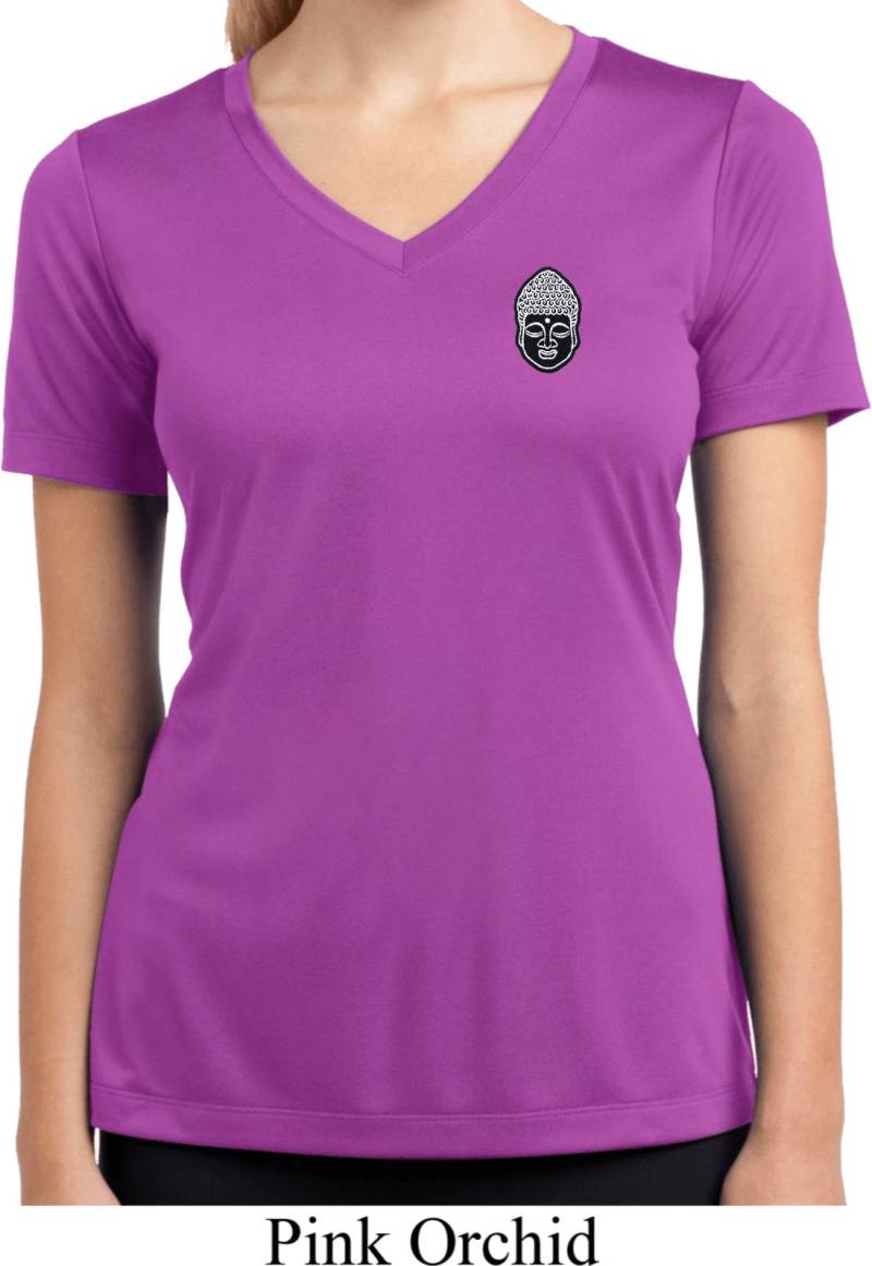 Buddha Kopf Aufgesetzte Tasche Print Damen Yoga Feuchtigkeitstransport T-Shirt Mit V-Ausschnitt = Buddhapatch-Pp-Lst353 von YogaClothingForYou