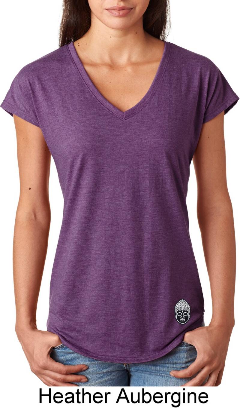 Buddha-Kopf Patch Unten Druck Damen Yoga Tri-Blend V-Neck T-Shirt = Buddhapatch-Bo-6750Vl von YogaClothingForYou