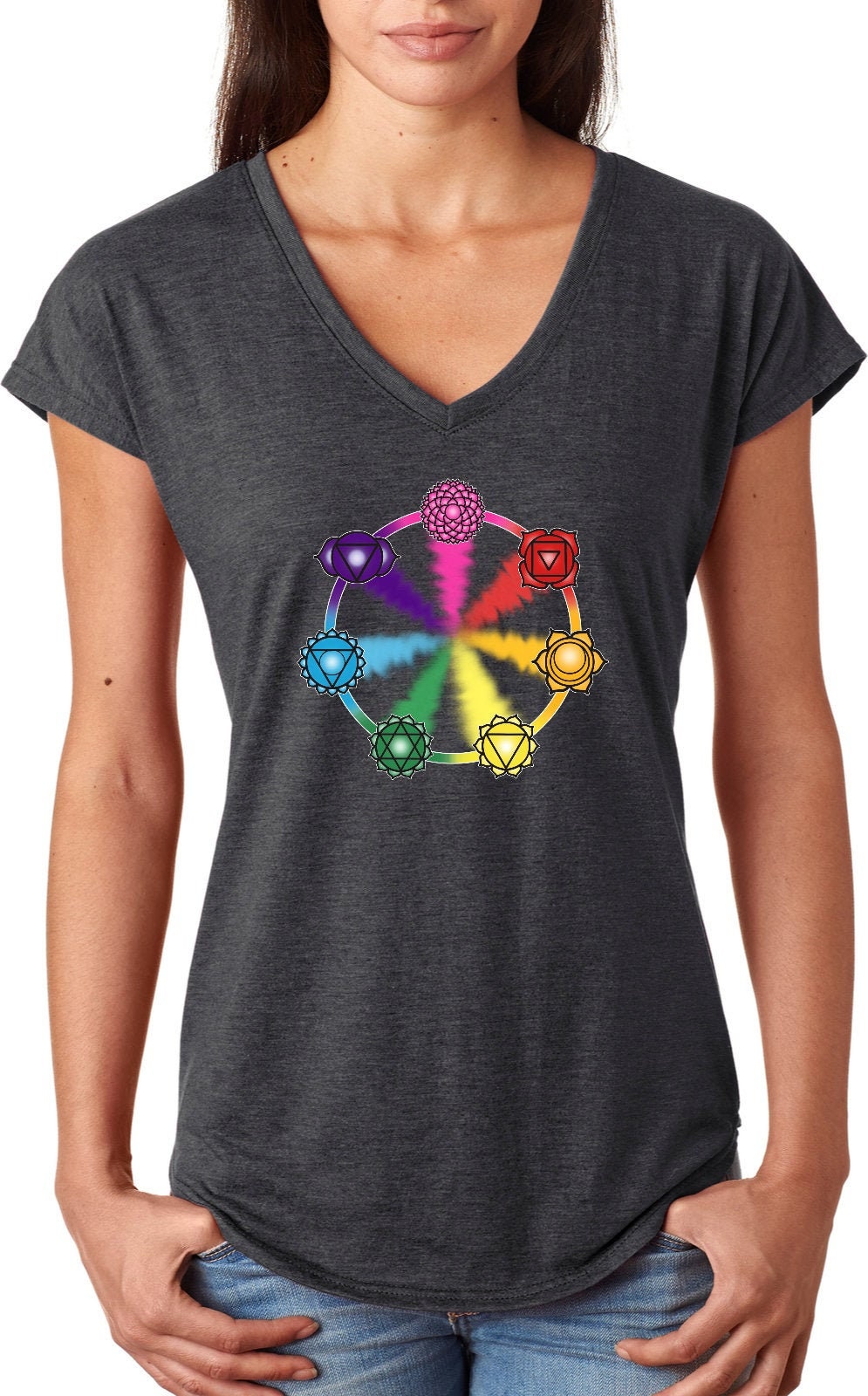 Chakra Kreis Damen Yoga Tri Mischung V-Ausschnitt T-Shirt = Circle-6750Vl von YogaClothingForYou