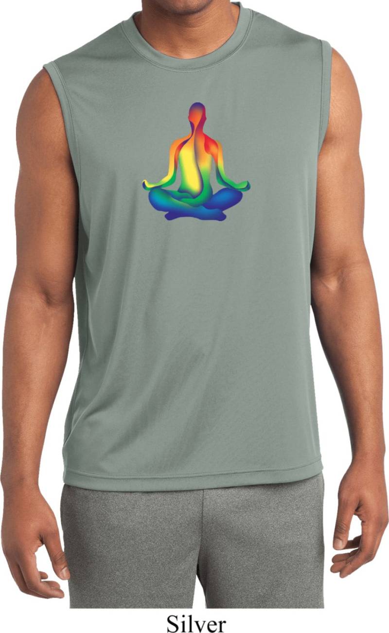 Chakra Lotus Pose Herren Yoga Ärmellose Feuchtigkeit Wicking T-Shirt = St352-Chakrapose von YogaClothingForYou