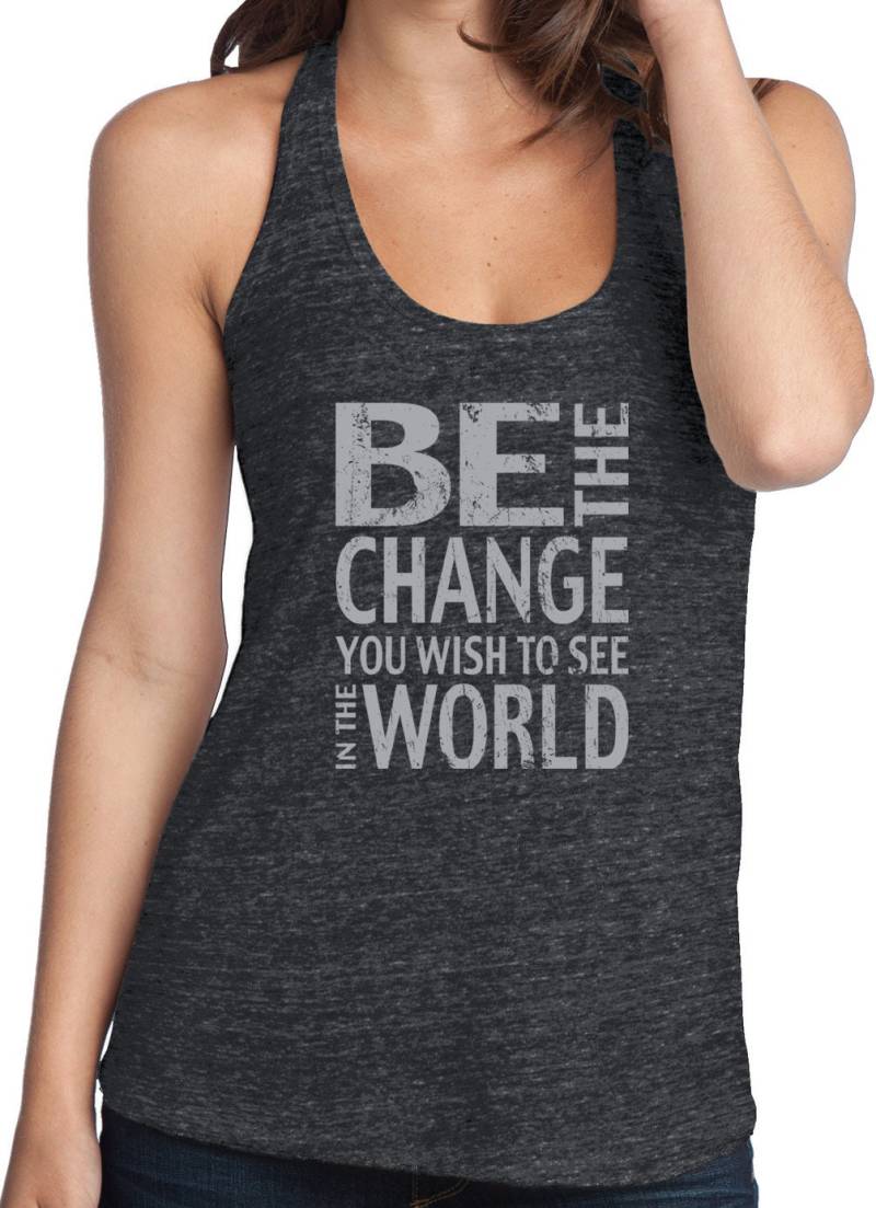 Damen Junioren Größe "Be The Change" Yoga T-Back Tank Top - Dt250-Change-Front von YogaClothingForYou