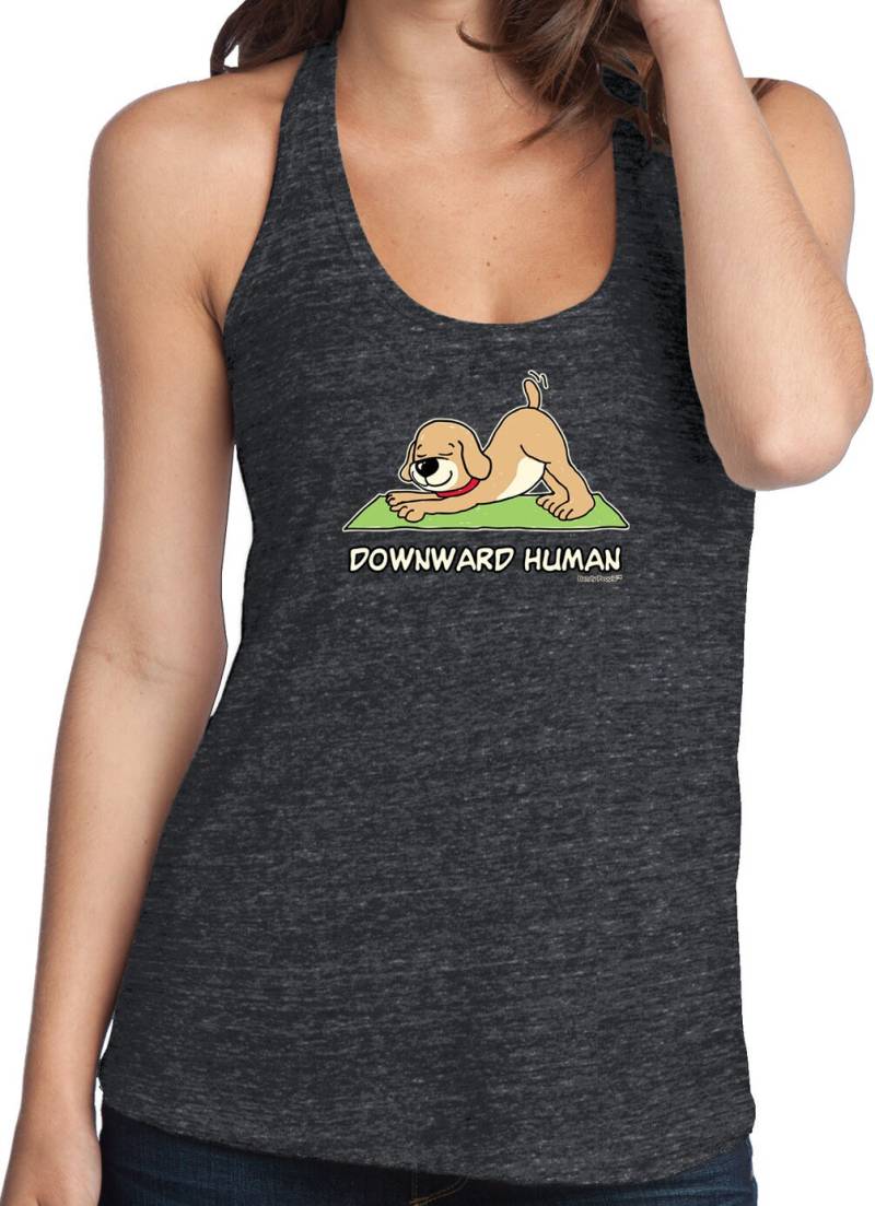 Downward Human Ladies Yoga T-Back Tank Top - Dt250-Downhu-Front von YogaClothingForYou