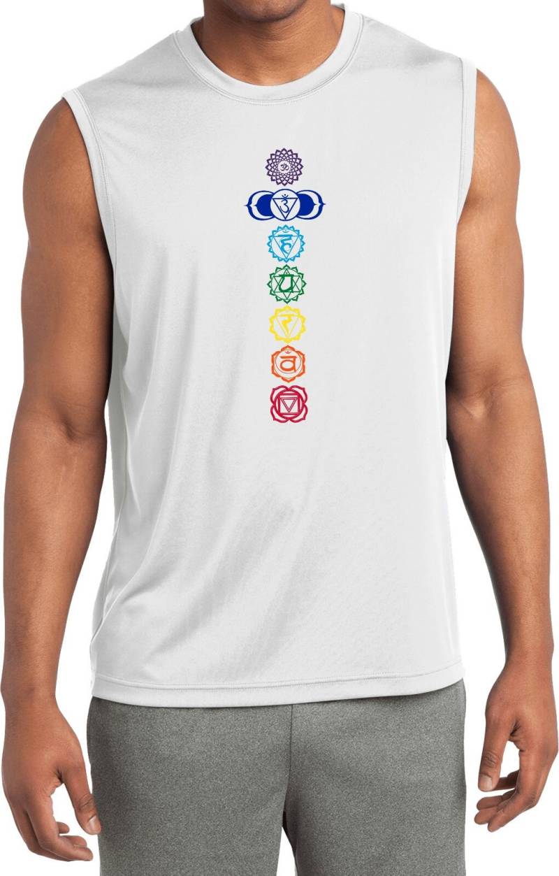 Farbige Chakren Herren Ärmellose Feuchtigkeit Wicking T-Shirt = St352-Colored von YogaClothingForYou