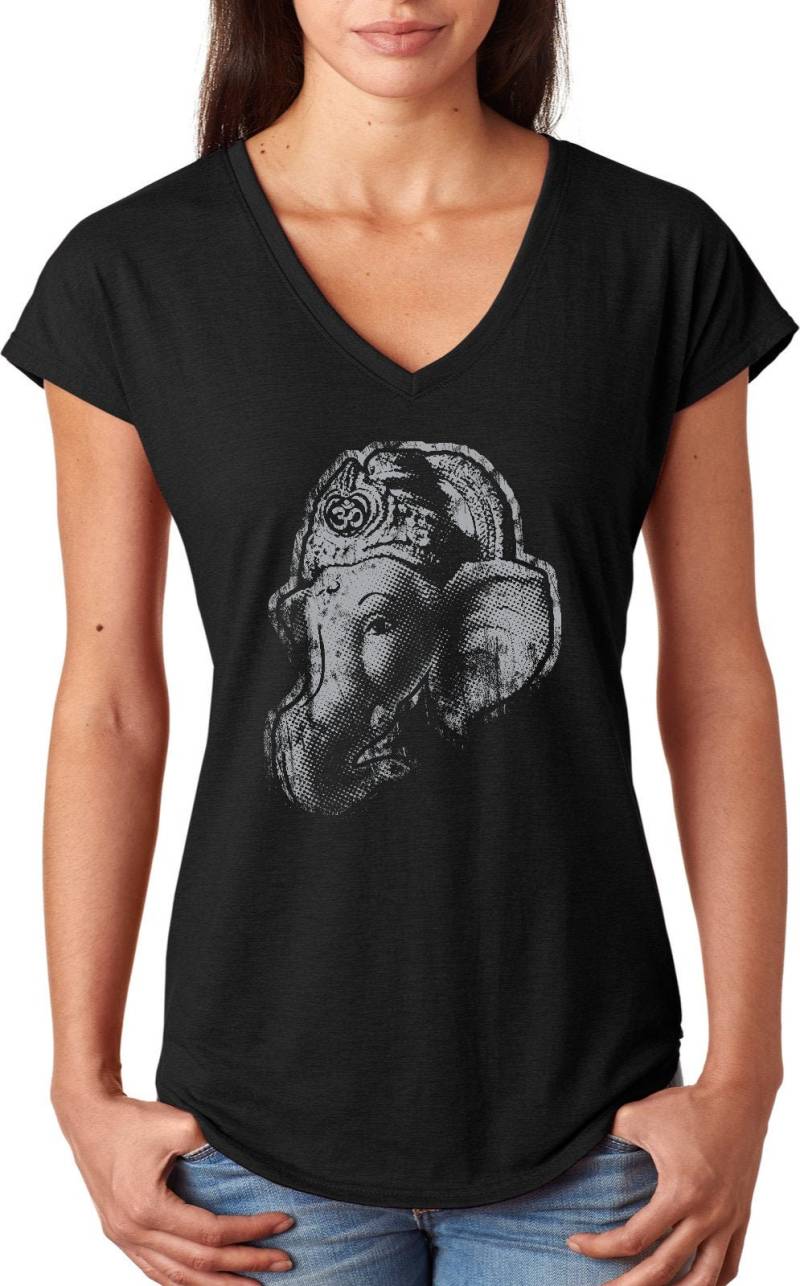 Ganesha Profil Damen Yoga Tri Blend V-Ausschnitt T-Shirt = Ganprofile-6750Vl von YogaClothingForYou