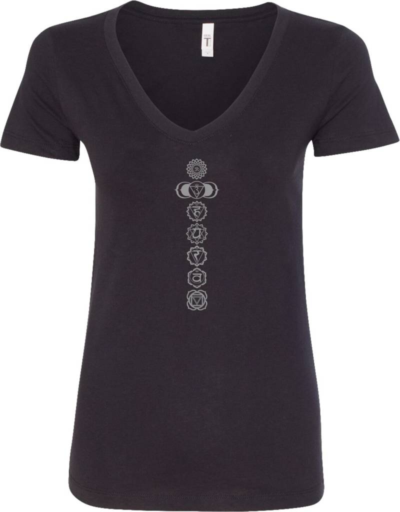 Grau 7 Chakren Damen Yoga V-Neck T-Shirt = Greychak-N1540 von YogaClothingForYou