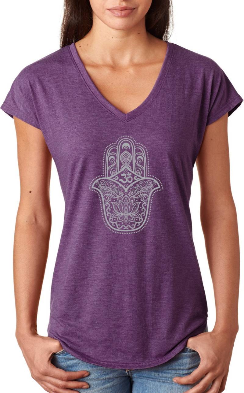 Graues Hamsa Om Damen Yoga Tri Blend V-Neck T-Shirt = Ghamom-6750Vl von YogaClothingForYou