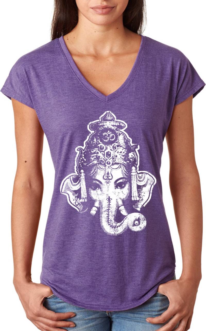 Große Ganesha Kopf Damen Yoga Tri Blend V-Ausschnitt T-Shirt = Bigganesha-6750Vl von YogaClothingForYou