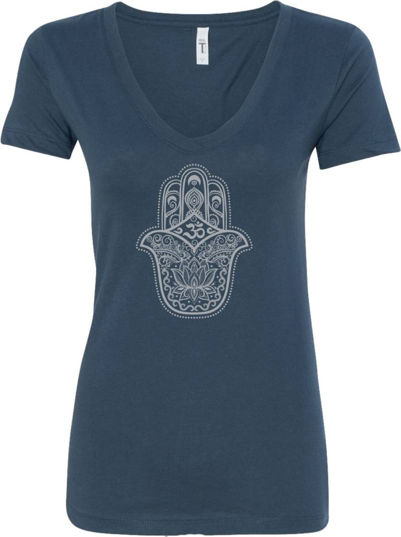 Hamsa Om Damen Yoga V-Neck T-Shirt Grau = Ghamom-N1540 von YogaClothingForYou