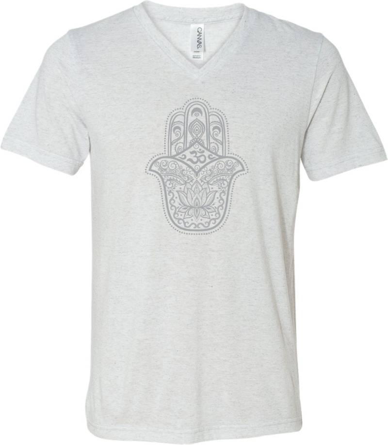 Hamsa Om Erwachsene Unisex Yoga Triblend V-Neck T-Shirt Grau = Ghamom-C3415 von YogaClothingForYou