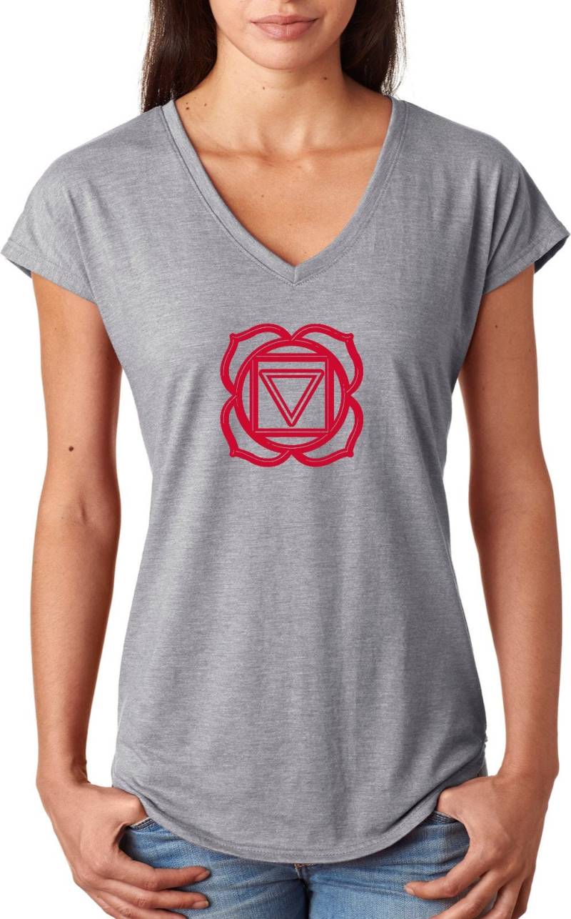 Muladhara Chakra Damen Yoga Tri Blend V-Ausschnitt T-Shirt = Muladhara-6750Vl von YogaClothingForYou
