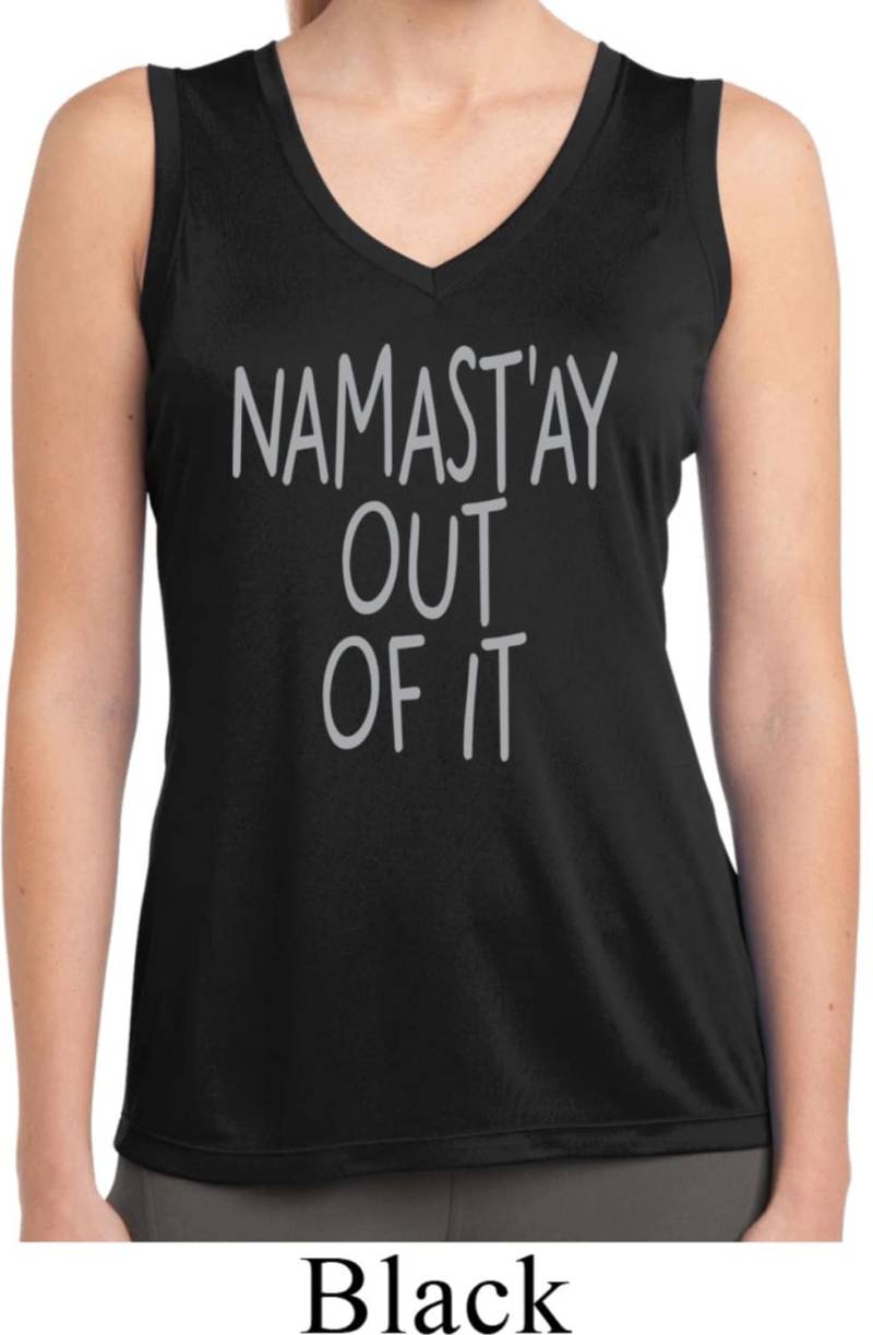 Namastay Out Of It Damen Yoga Ärmellose Feuchtigkeit Wicking T-Shirt = Lst352-Namout von YogaClothingForYou