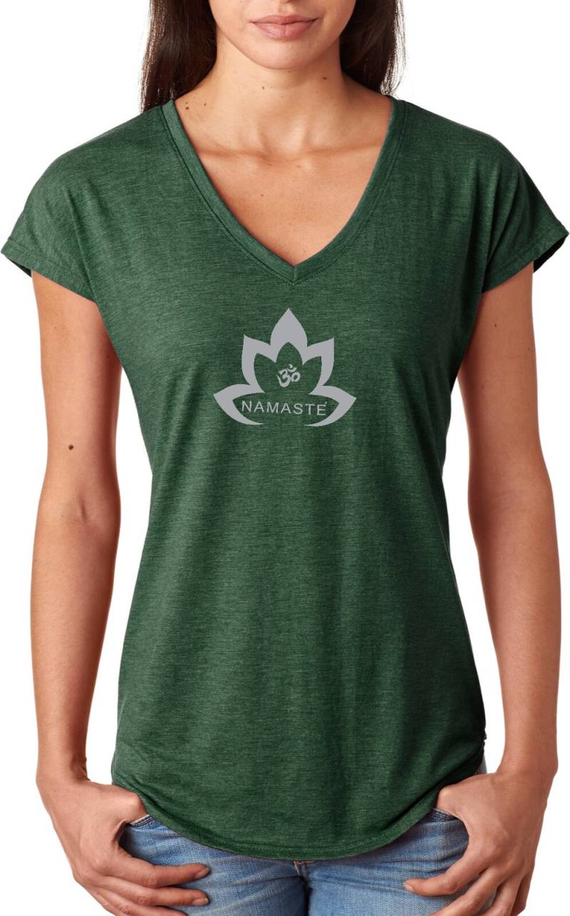 Namaste Lotus Damen Yoga Tri-Blend V-Neck T-Shirt Grau = Greynam-6750Vl von YogaClothingForYou