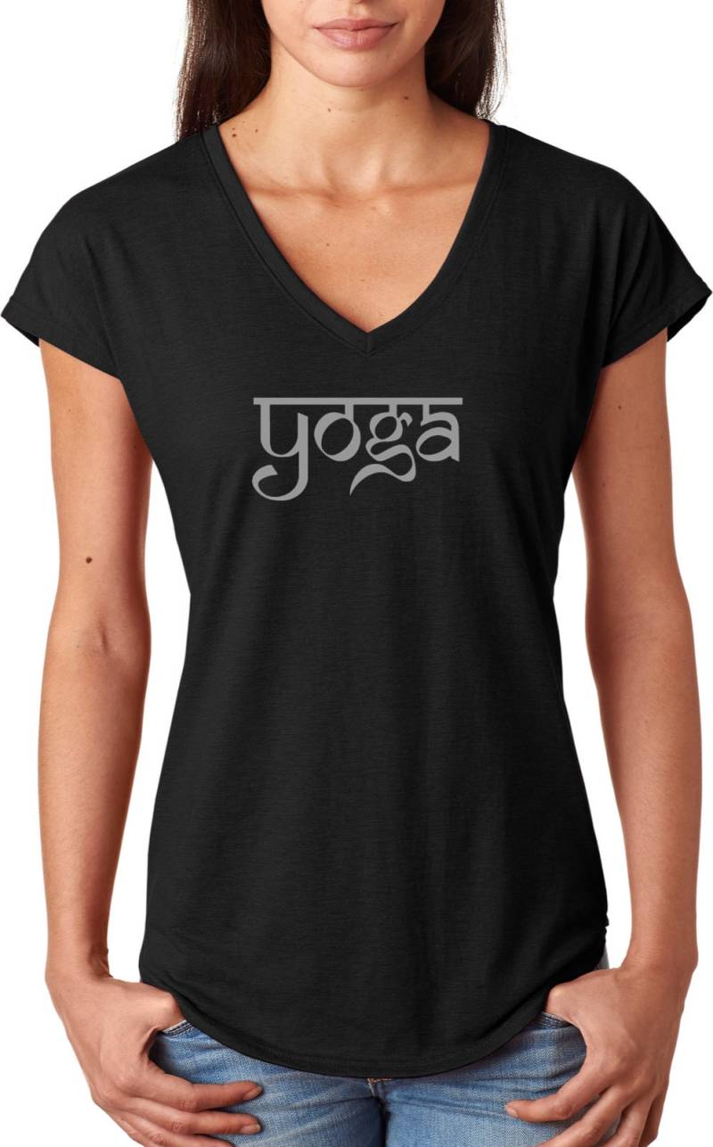 Sanskrit Yoga Text Damen Tri-Blend V-Neck T-Shirt = Sanskrit-6750Vl von YogaClothingForYou
