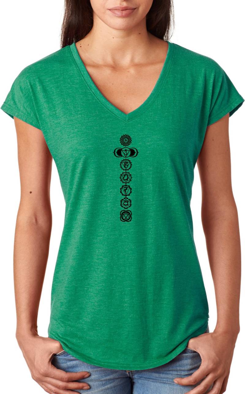 Schwarz 7 Chakren Damen Yoga Tri-Blend V-Neck T-Shirt = Blkchak-6750Vl von YogaClothingForYou
