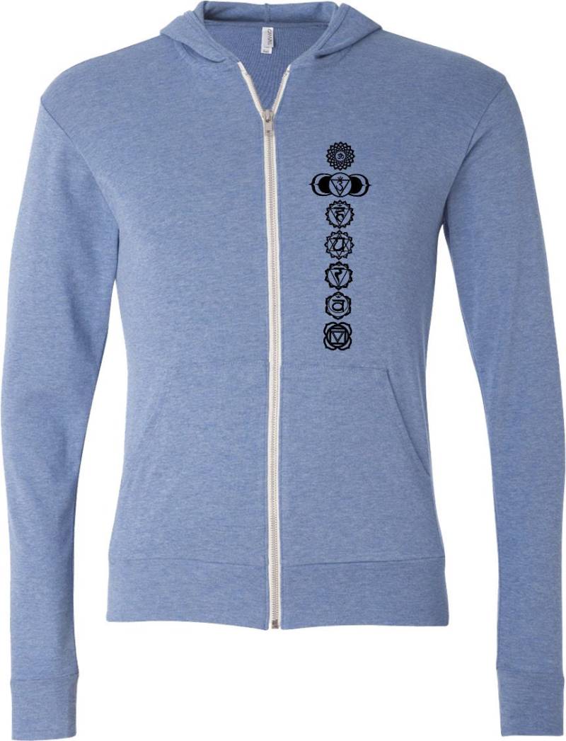 Schwarz 7 Chakren Erwachsene Unisex Yoga Triblend Full Zip Leichter Hoodie-Blkchak-3939 von YogaClothingForYou