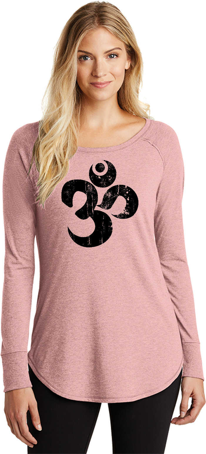 Schwarz Distressed Om Damen Yoga Tri Blend Langarm = Bdom-Dt132L von YogaClothingForYou