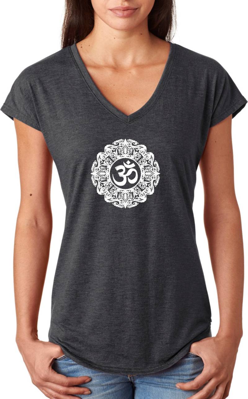 Verzierten Om Damen Yoga Tri-Blend V-Neck T-Shirt Weiß = Whtornate-6750Vl von YogaClothingForYou