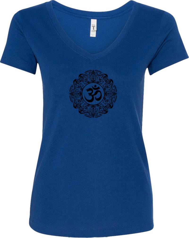Verzierten Om Damen Yoga V-Neck T-Shirt Schwarz = Blkornate-N1540 von YogaClothingForYou