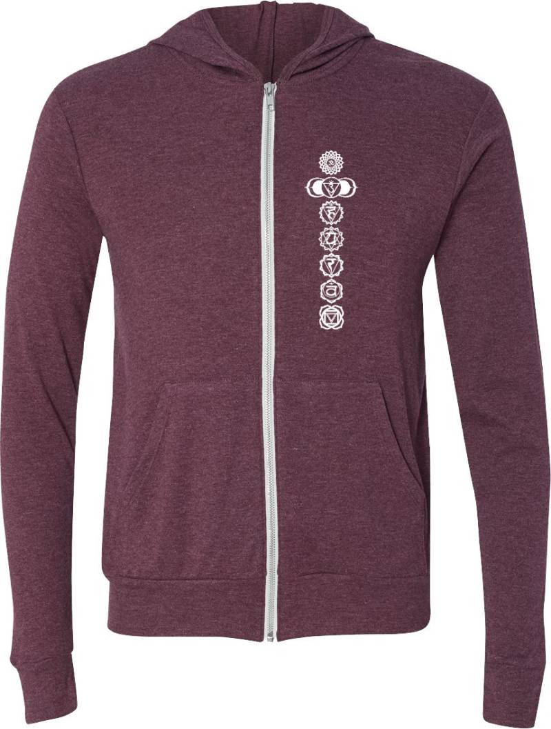 Weiß 7 Chakren Erwachsene Unisex Yoga Tri-Blend Durchgehender Reißverschluss Leicht Hoodie - Whitechak-3939 von YogaClothingForYou