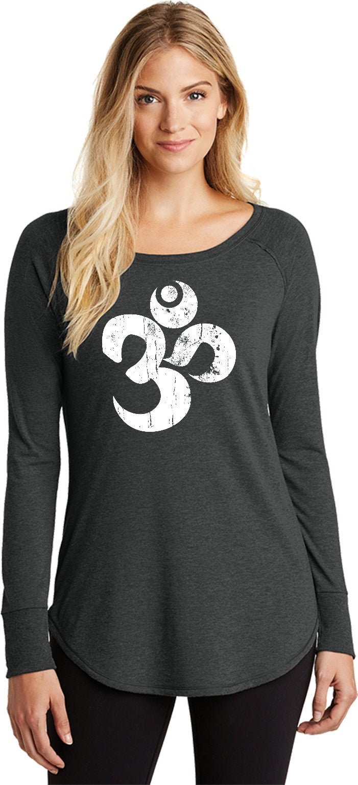 Weiß Distressed Om Damen Yoga Tri Blend Langarm = Wm-Dt132L von YogaClothingForYou