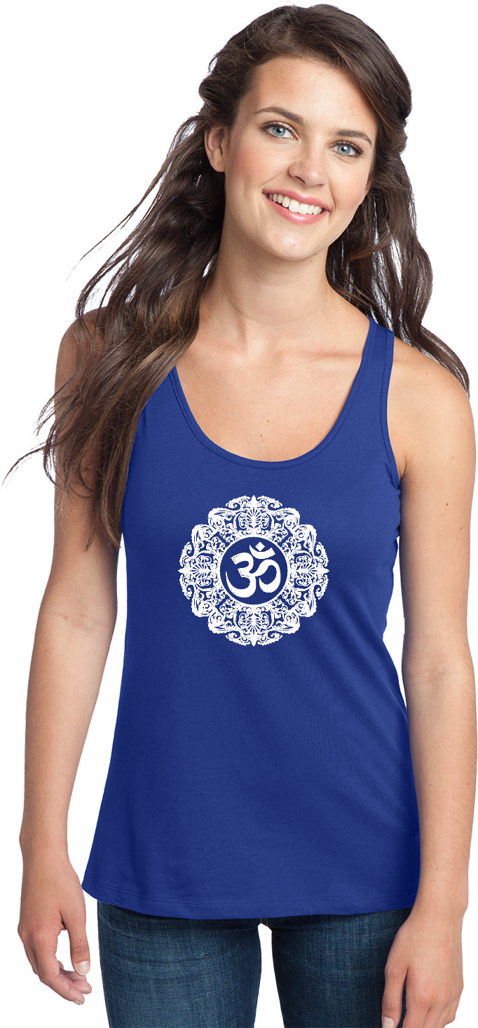 Weiß Verzierten Om Damen Yoga Racer Zurück Tanktop = Whtornate-Dt237 von YogaClothingForYou