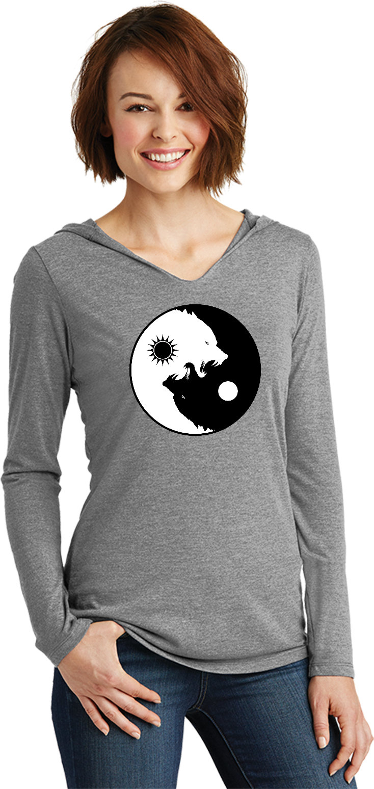 Yin Yang Wölfe Damen Tri-Blend Langarm Hoodie T-Shirt = Dm139L-Wölfe von YogaClothingForYou