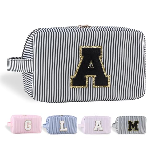 YogoRun Make-up-Tasche mit Glitzer-Chenille-Buchstabe, genäht, tragbarer Griff, wasserabweisend, Badezimmertasche für Damen, Nylon-Kosmetiktasche mit 3 Taschen, StripeBlack-A, Einheitsgröße, Modern von YogoRun