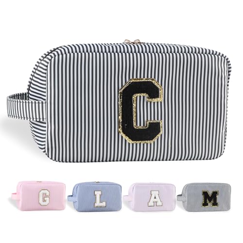 YogoRun Make-up-Tasche mit Glitzer-Chenille-Buchstabe, genäht, tragbarer Griff, wasserabweisend, Badezimmertasche für Damen, Nylon-Kosmetiktasche mit 3 Taschen, StripeBlack-C, Einheitsgröße, Modern von YogoRun