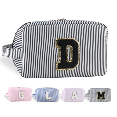 YogoRun Make-up-Tasche mit Glitzer-Chenille-Buchstabe, genäht, tragbarer Griff, wasserabweisend, Badezimmertasche für Damen, Nylon-Kosmetiktasche mit 3 Taschen, StripeBlack-D, Einheitsgröße, Modern von YogoRun