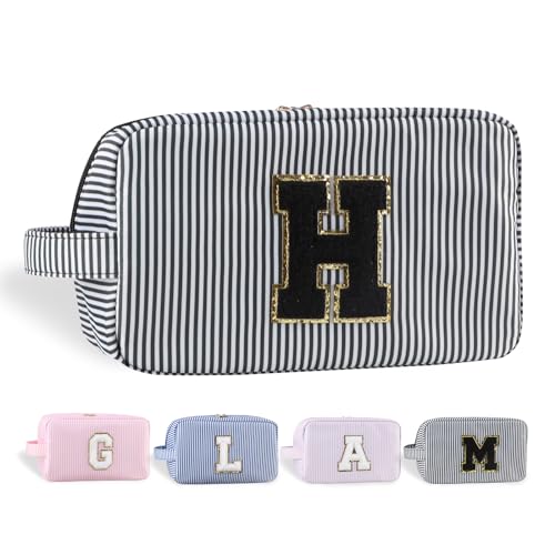 YogoRun Make-up-Tasche mit Glitzer-Chenille-Buchstabe, genäht, tragbarer Griff, wasserabweisend, Badezimmertasche für Damen, Nylon-Kosmetiktasche mit 3 Taschen, StripeBlack-H, Einheitsgröße, Modern von YogoRun