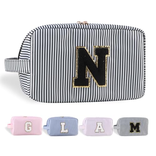 YogoRun Make-up-Tasche mit Glitzer-Chenille-Buchstabe, genäht, tragbarer Griff, wasserabweisend, Badezimmertasche für Damen, Nylon-Kosmetiktasche mit 3 Taschen, StripeBlack-N, Einheitsgröße, Modern von YogoRun