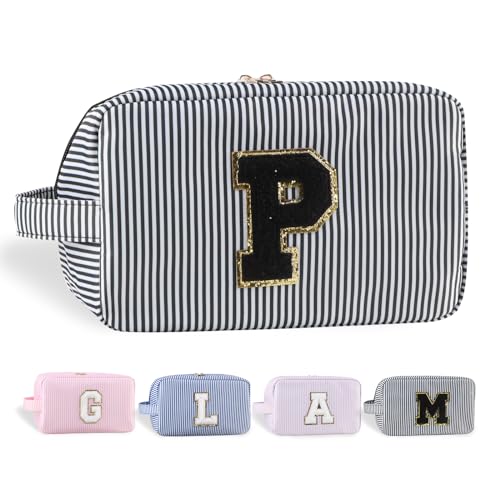 YogoRun Make-up-Tasche mit Glitzer-Chenille-Buchstabe, genäht, tragbarer Griff, wasserabweisend, Badezimmertasche für Damen, Nylon-Kosmetiktasche mit 3 Taschen, StripeBlack-P, Einheitsgröße, Modern von YogoRun