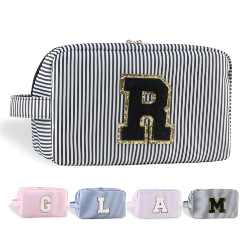 YogoRun Spring Break Essentials Monogramm Initiale Make-up-Tasche, wasserabweisend, Badezimmertasche für Damen, Nylon-Kosmetiktasche mit tragbarem Griff und Taschen, Stripeblack, Einheitsgröße, R von YogoRun